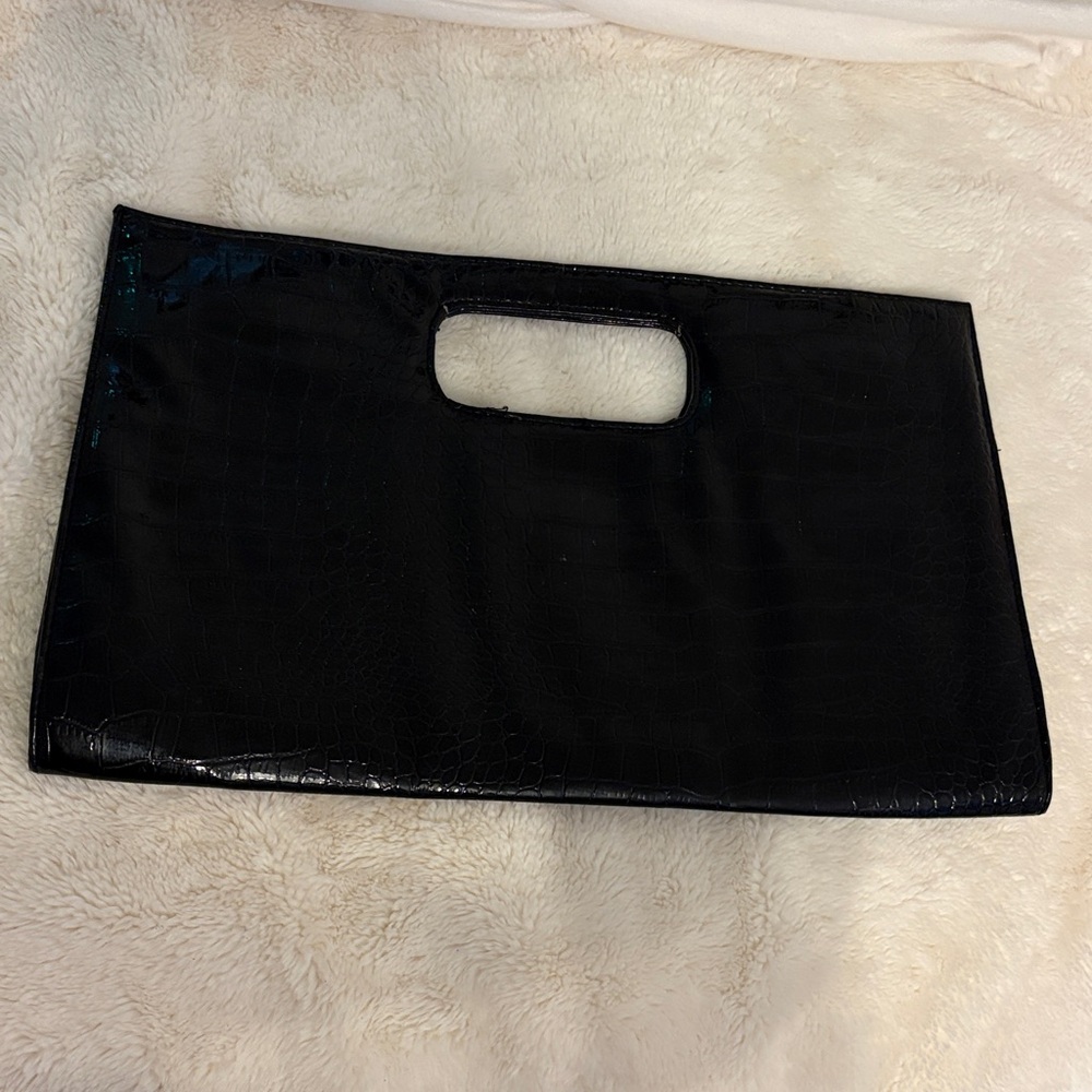 Black Croc-Embossed Patent Leather Handle Clutch